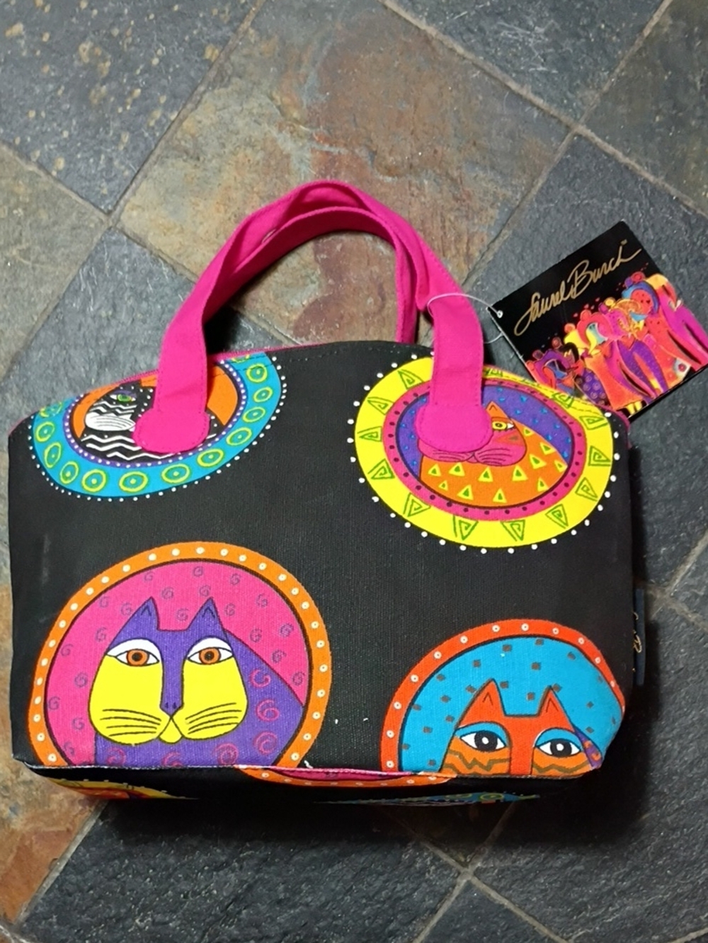Laurel Burch Black Tote with Hot Pink Handles and Multicolor Cat Circles